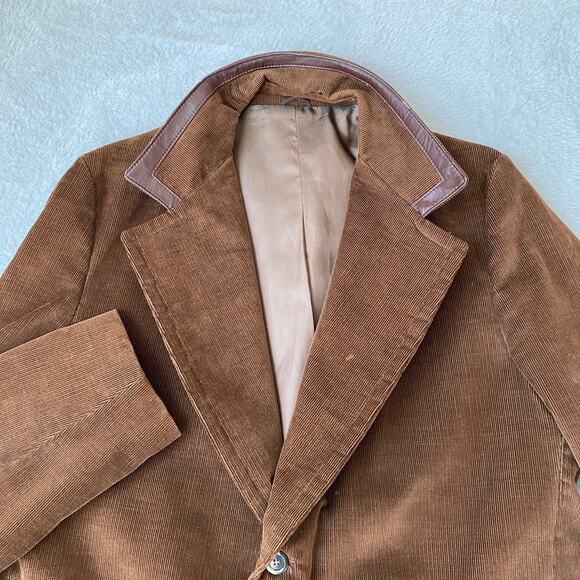 VTG 70s Peak Lapel Corduroy Blazer Jacket Sport Coat Men 46 Brown Leather Trim - Picture 6 of 9